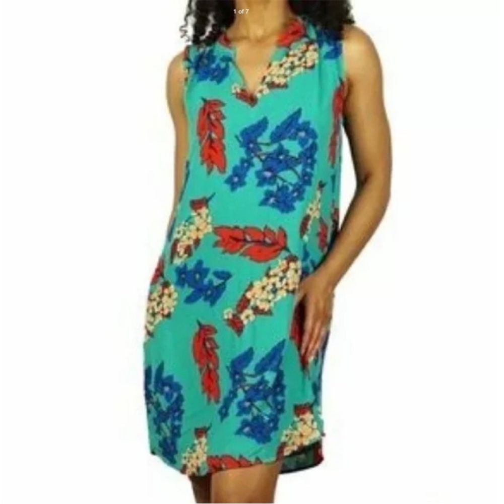 Floral Sleeveless Mini Dress - Teal and Red